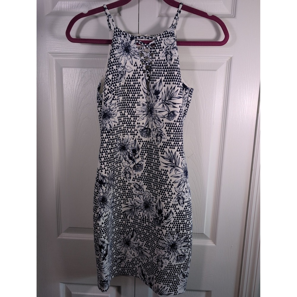 GUESS Floral Geometric Sheath Dress Halter Lace-Up White Navy Sleeveless Size 0